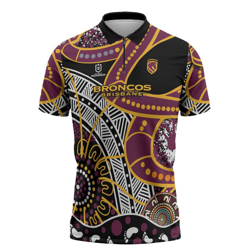 Brisbane Broncos Zipper Polo Shirt Australian Aboriginal Dot Painting Handprint