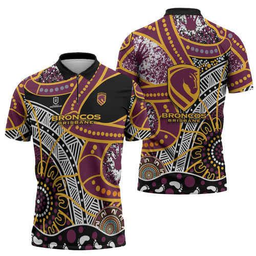Brisbane Broncos Zipper Polo Shirt Australian Aboriginal Dot Painting Handprint