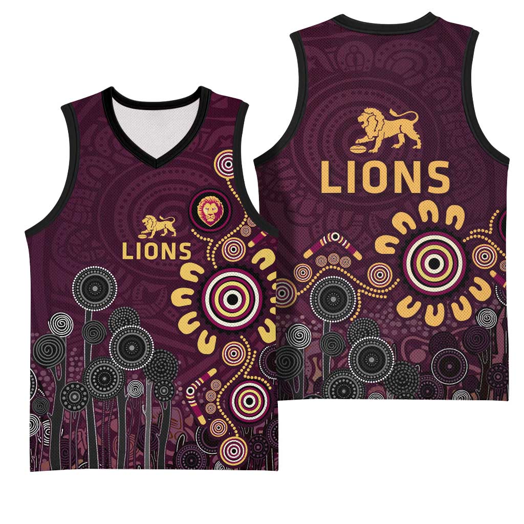 Brisbane Lions Football Basketball Jersey Aboriginal Dot and Spiral Art