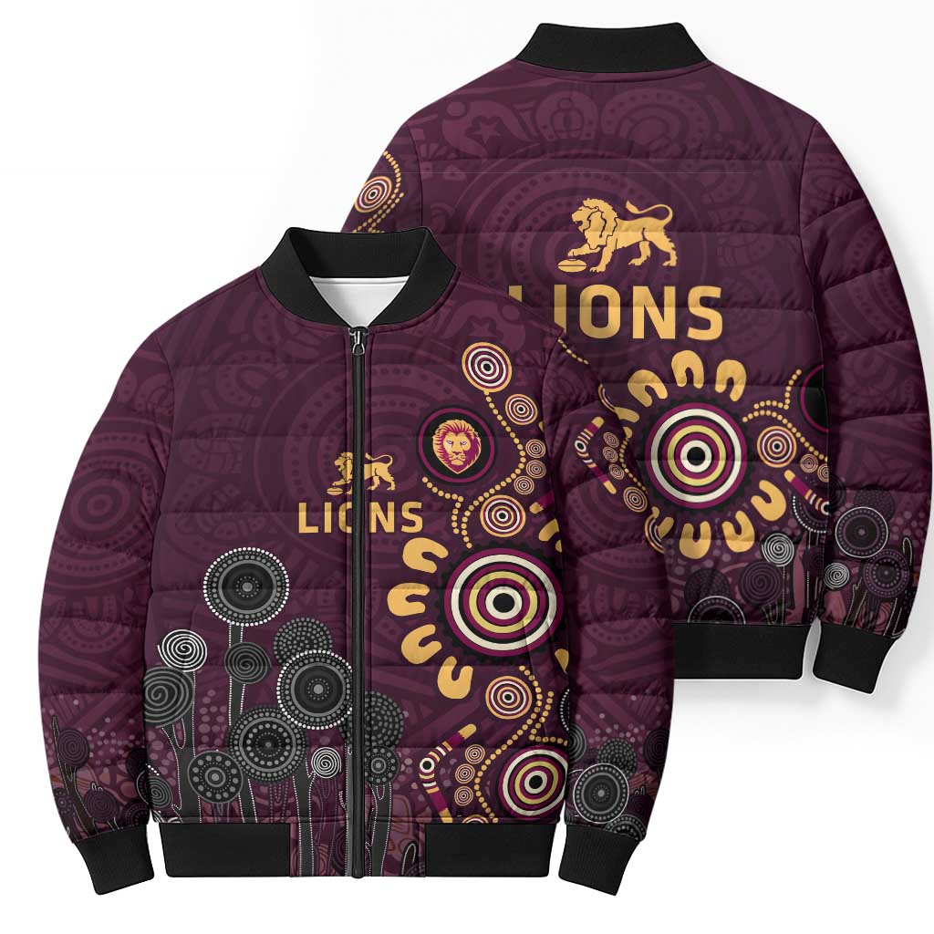 Brisbane Lions Football Bomber Puffer Jacket Aboriginal Dot and Spiral Art