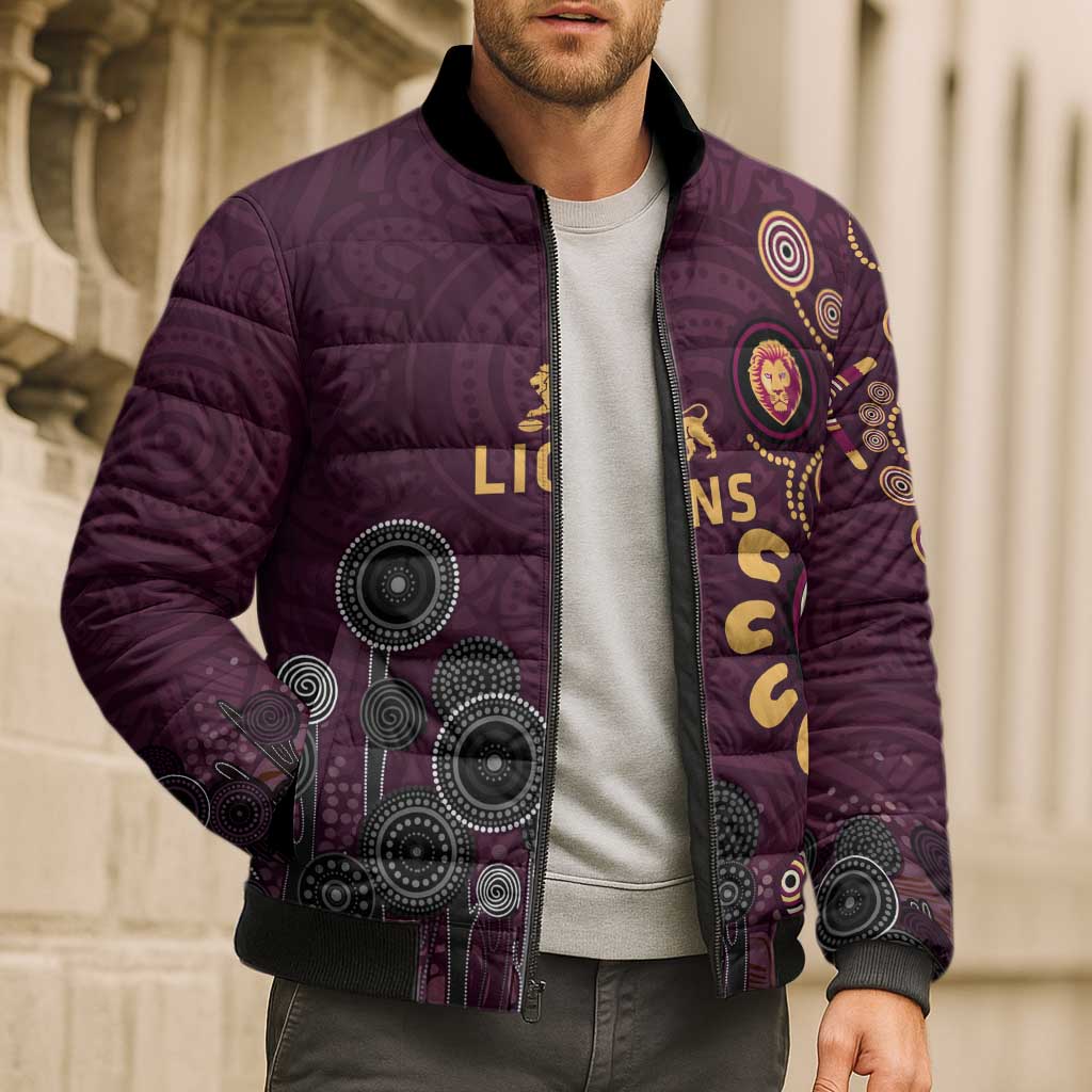 Brisbane Lions Football Bomber Puffer Jacket Aboriginal Dot and Spiral Art