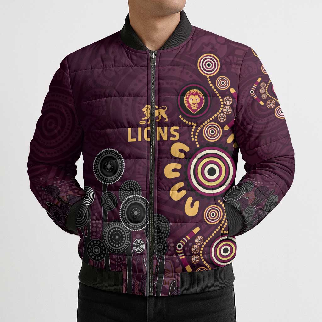 Brisbane Lions Football Bomber Puffer Jacket Aboriginal Dot and Spiral Art