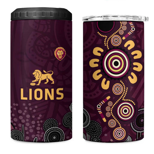 Brisbane Lions Football 4 in 1 Can Cooler Tumbler Aboriginal Dot and Spiral Art