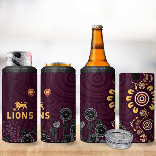 Brisbane Lions Football 4 in 1 Can Cooler Tumbler Aboriginal Dot and Spiral Art