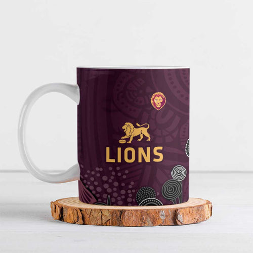 Brisbane Lions Football Ceramic Mug Aboriginal Dot and Spiral Art