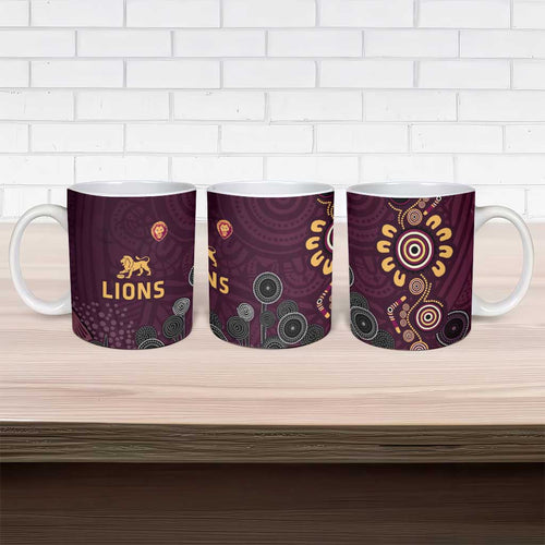 Brisbane Lions Football Ceramic Mug Aboriginal Dot and Spiral Art