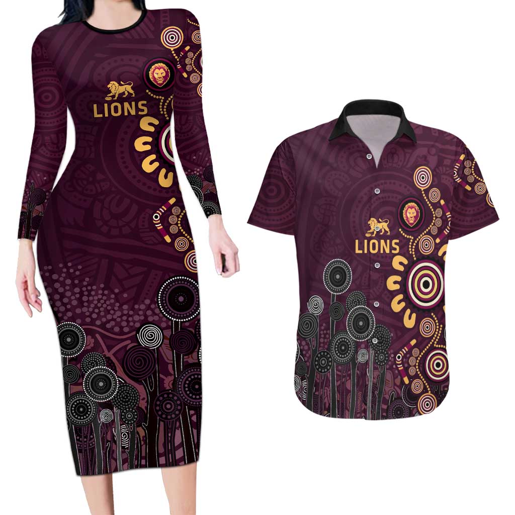 Brisbane Lions Football Couples Matching Long Sleeve Bodycon Dress and Hawaiian Shirt Aboriginal Dot and Spiral Art