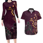 Brisbane Lions Football Couples Matching Long Sleeve Bodycon Dress and Hawaiian Shirt Aboriginal Dot and Spiral Art