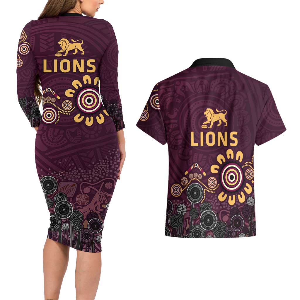 Brisbane Lions Football Couples Matching Long Sleeve Bodycon Dress and Hawaiian Shirt Aboriginal Dot and Spiral Art