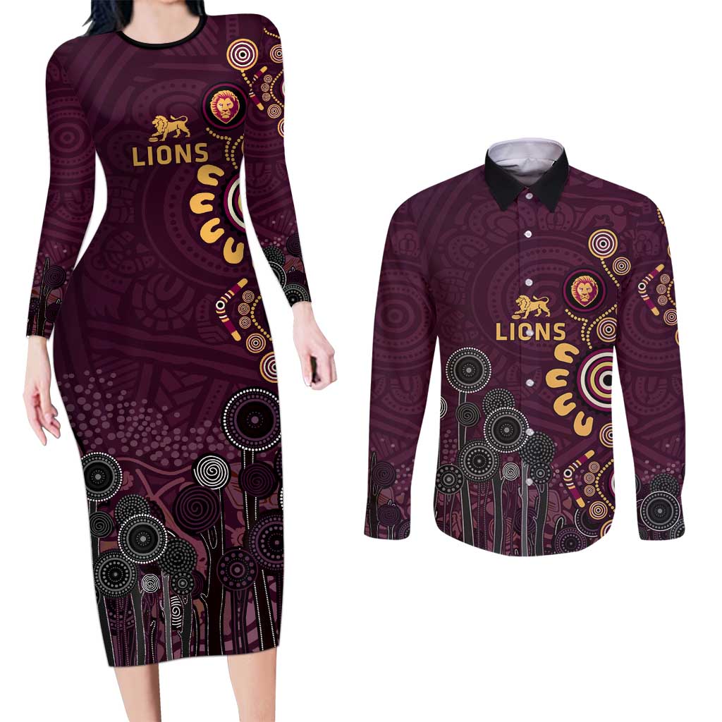 Brisbane Lions Football Couples Matching Long Sleeve Bodycon Dress and Long Sleeve Button Shirt Aboriginal Dot and Spiral Art