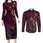 Brisbane Lions Football Couples Matching Long Sleeve Bodycon Dress and Long Sleeve Button Shirt Aboriginal Dot and Spiral Art