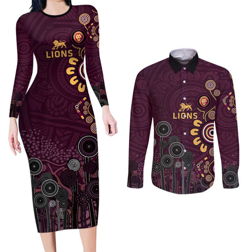 Brisbane Lions Football Couples Matching Long Sleeve Bodycon Dress and Long Sleeve Button Shirt Aboriginal Dot and Spiral Art