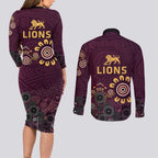 Brisbane Lions Football Couples Matching Long Sleeve Bodycon Dress and Long Sleeve Button Shirt Aboriginal Dot and Spiral Art