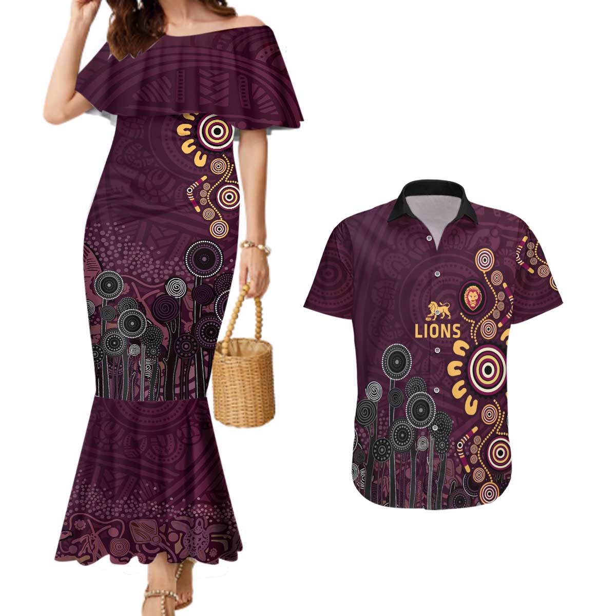 Brisbane Lions Football Couples Matching Mermaid Dress and Hawaiian Shirt Aboriginal Dot and Spiral Art