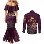 Brisbane Lions Football Couples Matching Mermaid Dress and Long Sleeve Button Shirt Aboriginal Dot and Spiral Art