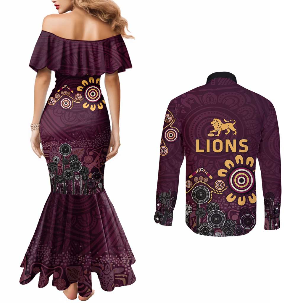 Brisbane Lions Football Couples Matching Mermaid Dress and Long Sleeve Button Shirt Aboriginal Dot and Spiral Art