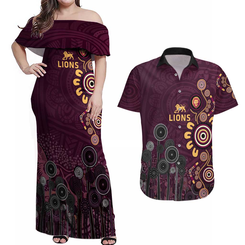 Brisbane Lions Football Couples Matching Off Shoulder Maxi Dress and Hawaiian Shirt Aboriginal Dot and Spiral Art