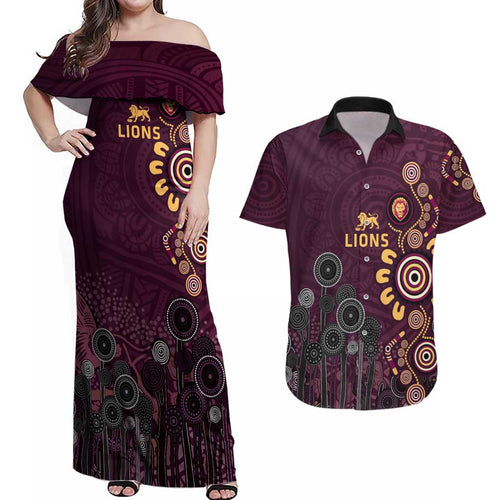 Brisbane Lions Football Couples Matching Off Shoulder Maxi Dress and Hawaiian Shirt Aboriginal Dot and Spiral Art
