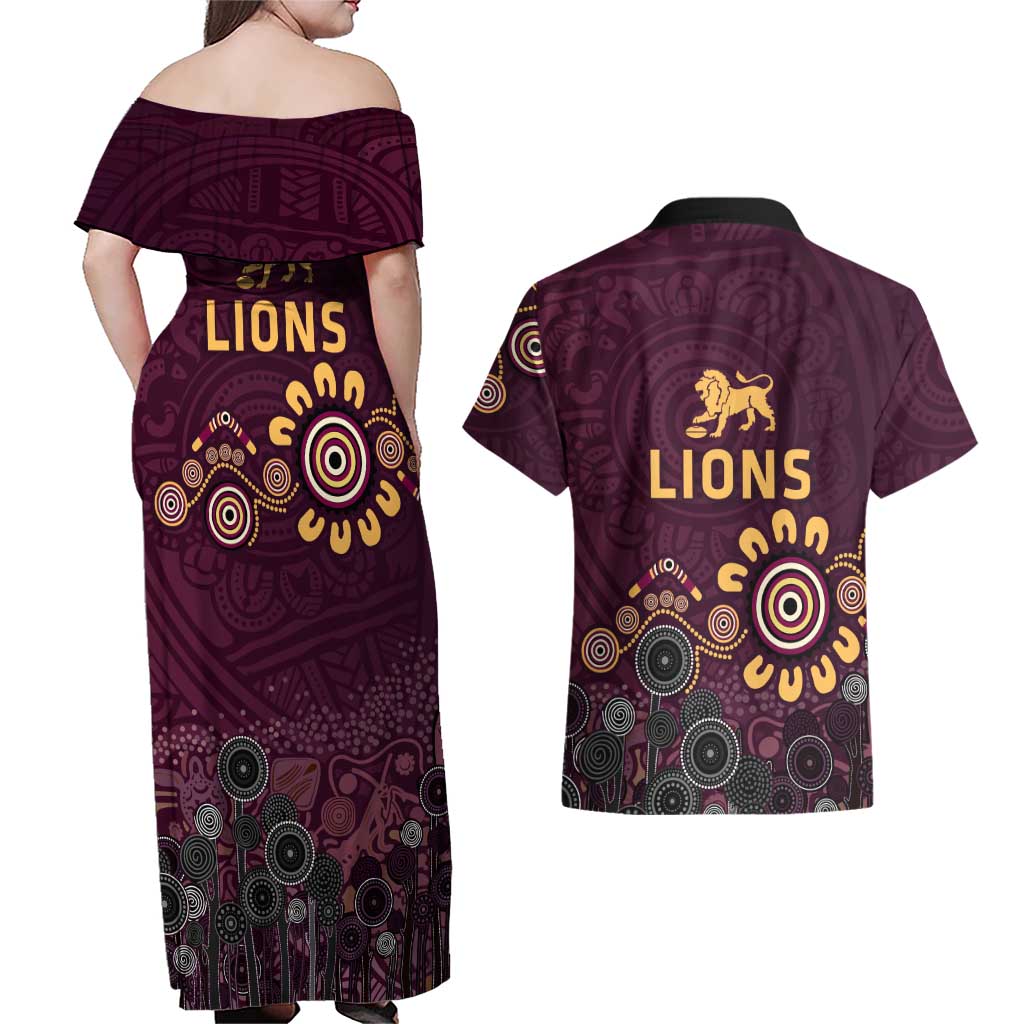 Brisbane Lions Football Couples Matching Off Shoulder Maxi Dress and Hawaiian Shirt Aboriginal Dot and Spiral Art