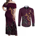 Brisbane Lions Football Couples Matching Off Shoulder Maxi Dress and Long Sleeve Button Shirt Aboriginal Dot and Spiral Art