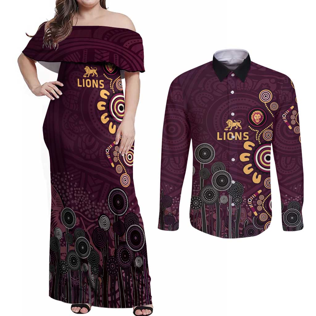 Brisbane Lions Football Couples Matching Off Shoulder Maxi Dress and Long Sleeve Button Shirt Aboriginal Dot and Spiral Art