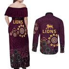 Brisbane Lions Football Couples Matching Off Shoulder Maxi Dress and Long Sleeve Button Shirt Aboriginal Dot and Spiral Art
