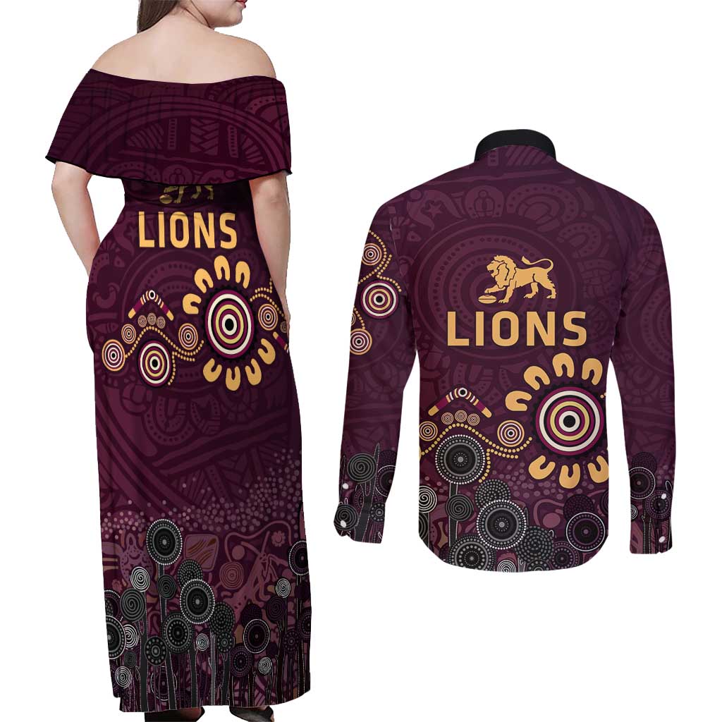 Brisbane Lions Football Couples Matching Off Shoulder Maxi Dress and Long Sleeve Button Shirt Aboriginal Dot and Spiral Art