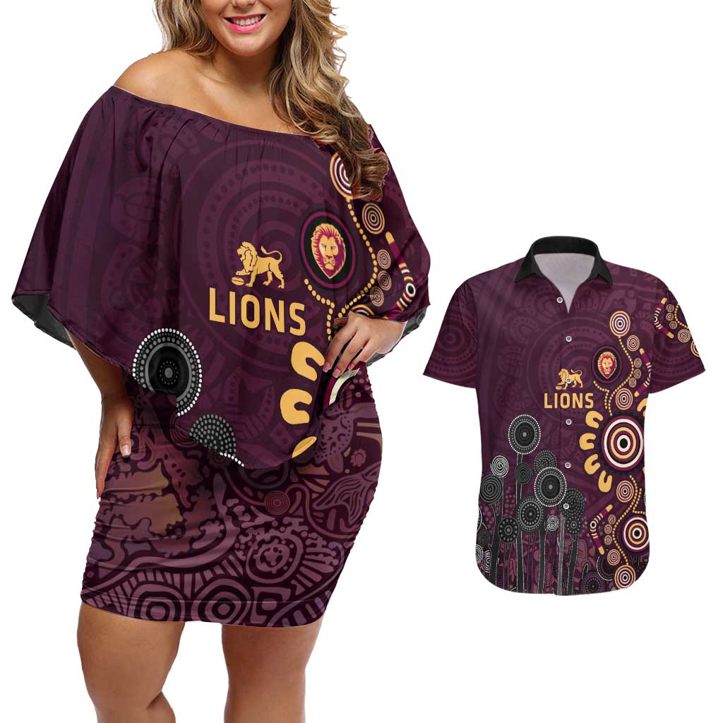 Brisbane Lions Football Couples Matching Off Shoulder Short Dress and Hawaiian Shirt Aboriginal Dot and Spiral Art