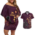 Brisbane Lions Football Couples Matching Off Shoulder Short Dress and Hawaiian Shirt Aboriginal Dot and Spiral Art