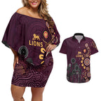 Brisbane Lions Football Couples Matching Off Shoulder Short Dress and Hawaiian Shirt Aboriginal Dot and Spiral Art