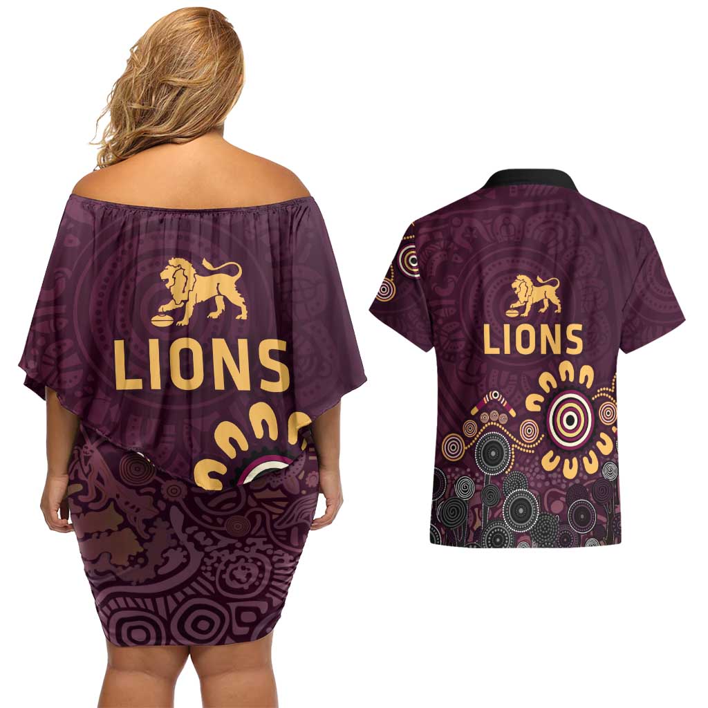 Brisbane Lions Football Couples Matching Off Shoulder Short Dress and Hawaiian Shirt Aboriginal Dot and Spiral Art
