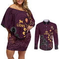 Brisbane Lions Football Couples Matching Off Shoulder Short Dress and Long Sleeve Button Shirt Aboriginal Dot and Spiral Art
