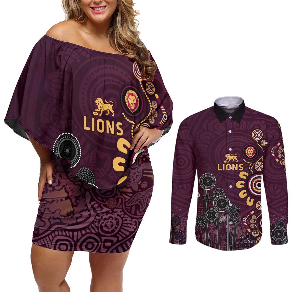 Brisbane Lions Football Couples Matching Off Shoulder Short Dress and Long Sleeve Button Shirt Aboriginal Dot and Spiral Art