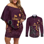 Brisbane Lions Football Couples Matching Off Shoulder Short Dress and Long Sleeve Button Shirt Aboriginal Dot and Spiral Art