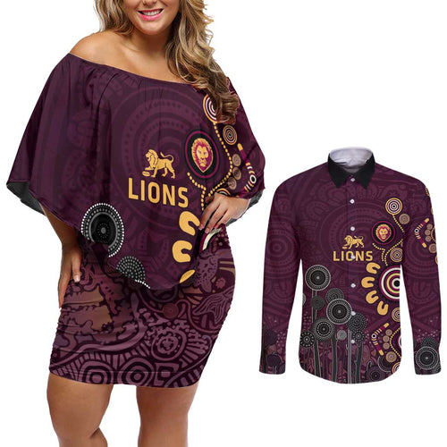 Brisbane Lions Football Couples Matching Off Shoulder Short Dress and Long Sleeve Button Shirt Aboriginal Dot and Spiral Art