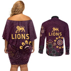 Brisbane Lions Football Couples Matching Off Shoulder Short Dress and Long Sleeve Button Shirt Aboriginal Dot and Spiral Art