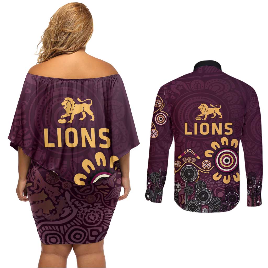 Brisbane Lions Football Couples Matching Off Shoulder Short Dress and Long Sleeve Button Shirt Aboriginal Dot and Spiral Art