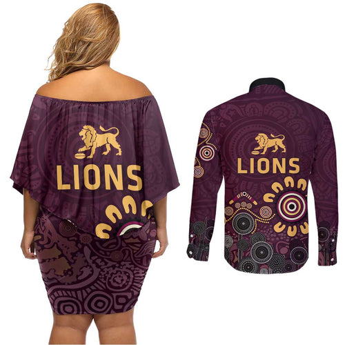 Brisbane Lions Football Couples Matching Off Shoulder Short Dress and Long Sleeve Button Shirt Aboriginal Dot and Spiral Art
