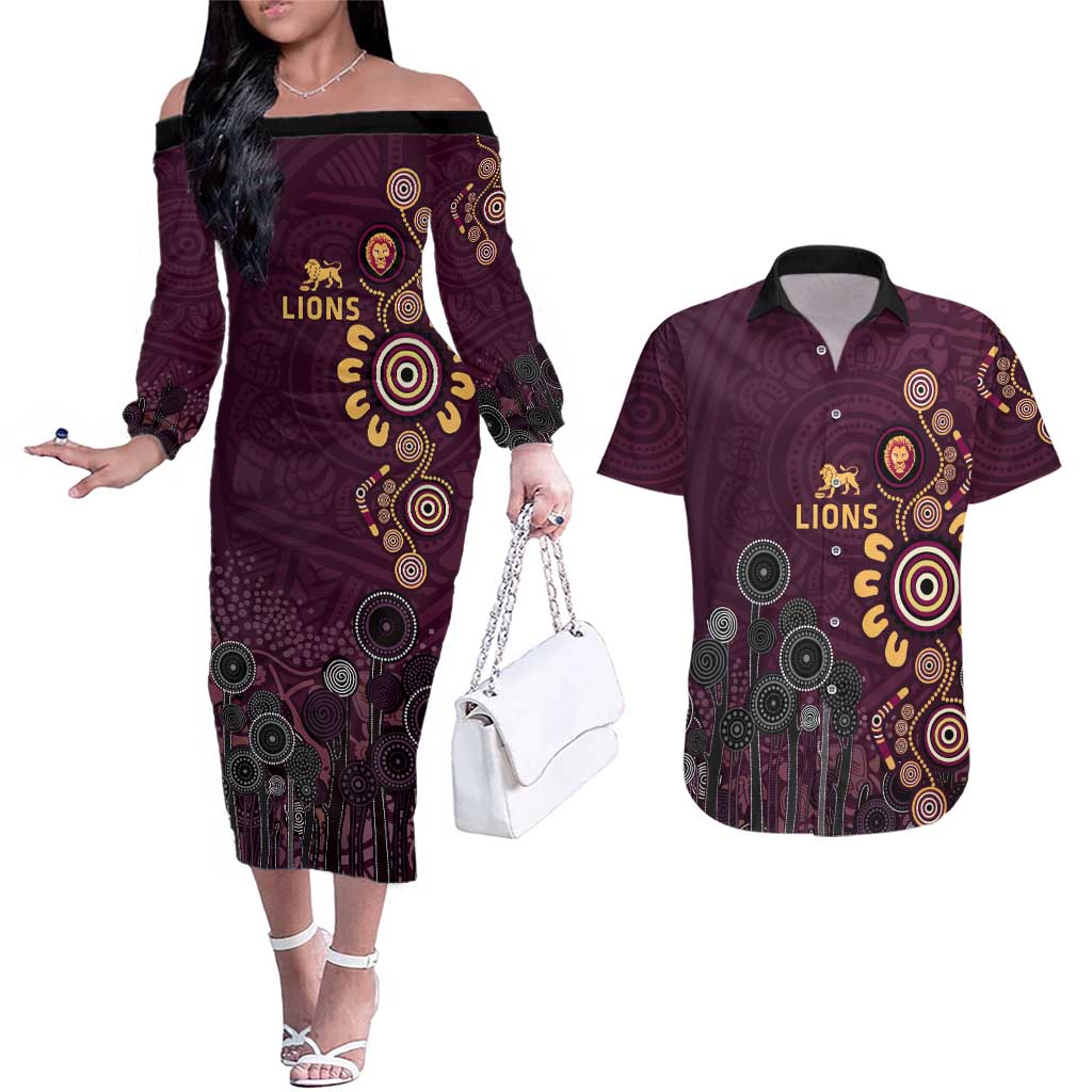 Brisbane Lions Football Couples Matching Off The Shoulder Long Sleeve Dress and Hawaiian Shirt Aboriginal Dot and Spiral Art