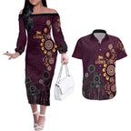 Brisbane Lions Football Couples Matching Off The Shoulder Long Sleeve Dress and Hawaiian Shirt Aboriginal Dot and Spiral Art