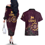 Brisbane Lions Football Couples Matching Off The Shoulder Long Sleeve Dress and Hawaiian Shirt Aboriginal Dot and Spiral Art