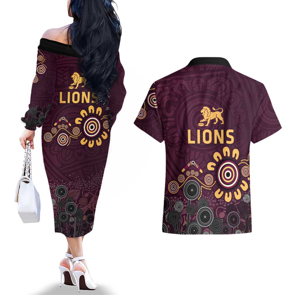 Brisbane Lions Football Couples Matching Off The Shoulder Long Sleeve Dress and Hawaiian Shirt Aboriginal Dot and Spiral Art