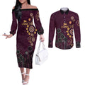 Brisbane Lions Football Couples Matching Off The Shoulder Long Sleeve Dress and Long Sleeve Button Shirt Aboriginal Dot and Spiral Art