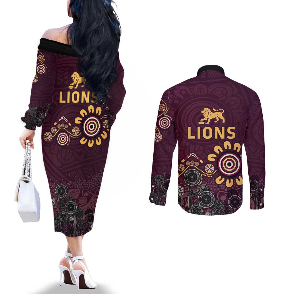 Brisbane Lions Football Couples Matching Off The Shoulder Long Sleeve Dress and Long Sleeve Button Shirt Aboriginal Dot and Spiral Art