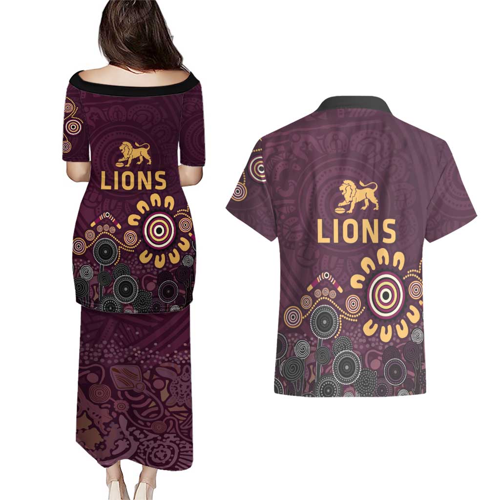 Brisbane Lions Football Couples Matching Puletasi and Hawaiian Shirt Aboriginal Dot and Spiral Art