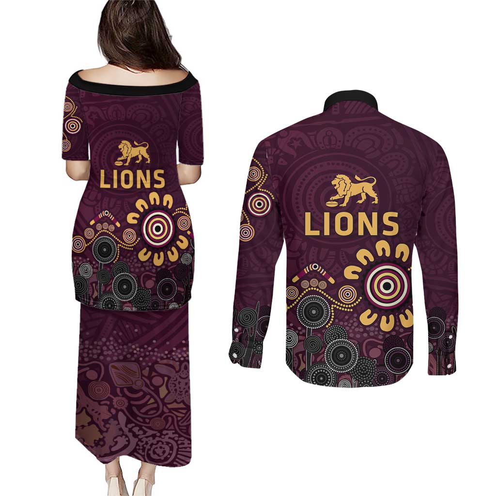 Brisbane Lions Football Couples Matching Puletasi and Long Sleeve Button Shirt Aboriginal Dot and Spiral Art