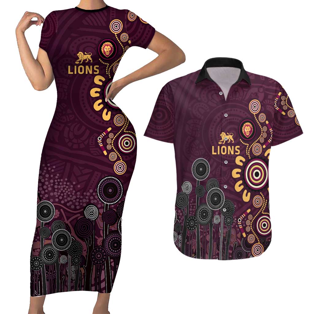 Brisbane Lions Football Couples Matching Short Sleeve Bodycon Dress and Hawaiian Shirt Aboriginal Dot and Spiral Art