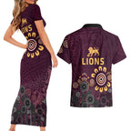 Brisbane Lions Football Couples Matching Short Sleeve Bodycon Dress and Hawaiian Shirt Aboriginal Dot and Spiral Art