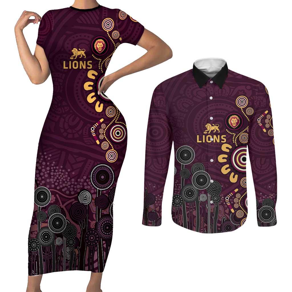 Brisbane Lions Football Couples Matching Short Sleeve Bodycon Dress and Long Sleeve Button Shirt Aboriginal Dot and Spiral Art