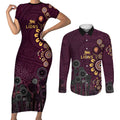 Brisbane Lions Football Couples Matching Short Sleeve Bodycon Dress and Long Sleeve Button Shirt Aboriginal Dot and Spiral Art
